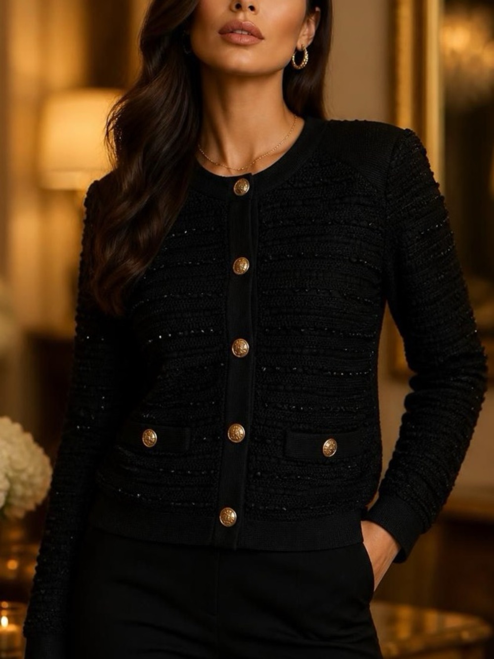 Milly Black Knit Cardigan with Gold Buttons